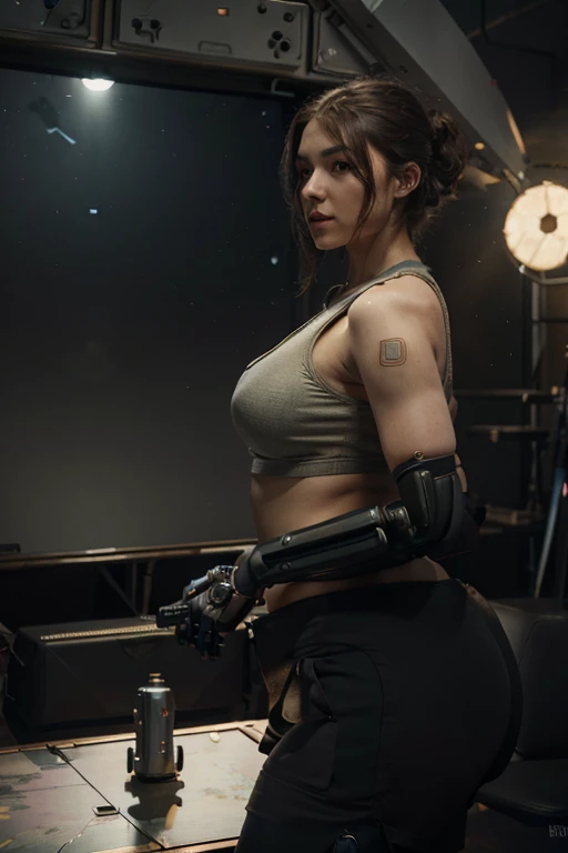detailed humanoid chubby woman, android, pale human face, delicate features, short dark brown hair, human torso wearing tank top, spandex shorts, robotic legs and arms, space prison with view of Earth, best quality, 4k, 8k, highres, masterpiece:1.2, ultra-detailed, realistic, photorealistic, photo-realistic:1.37, HDR, UHD, studio lighting, ultra-fine painting, sharp focus, physically-based rendering, extreme detail description, professional, vivid colors, bokeh, sci-fi, concept art