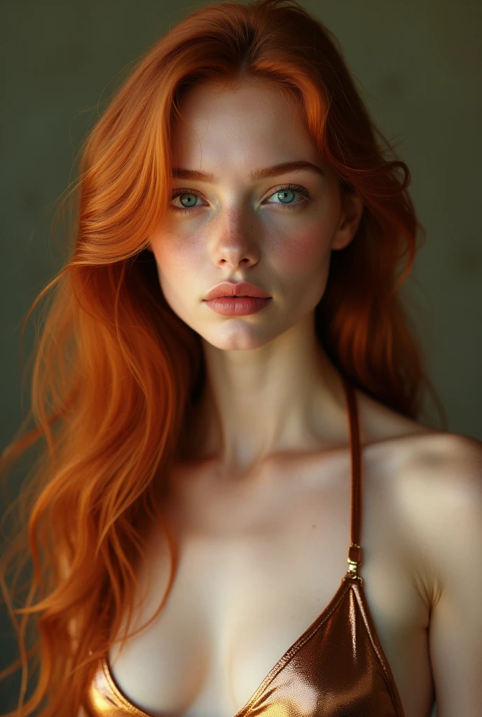 a young girl, redhead, cinematic, The portrait showcases a young (redhead girl:1.3) with a shy and innocent demeanor, blueish eyes, sensual slim face, big lips, and shorts, Her hair is styled sleek and straight, elegantly framing her face with adorable long hairl .Her face is illuminated by gentle lighting, highlighting her delicate features. The girl's eyes sparkle with a hint of curiosity and her lips form a subtle, shy smile. The background consists of a ourtoor nature autum scenery muted and warm-toned setting, providing a calm and serene atmosphere. The composition focuses on the girl's face, capturing the intricate details of her flawless pale skin with freckles, The overall image exudes a sense of tranquility and captures the innocence and gentleness of youth, she have small breasts, shiny latex bikiny.