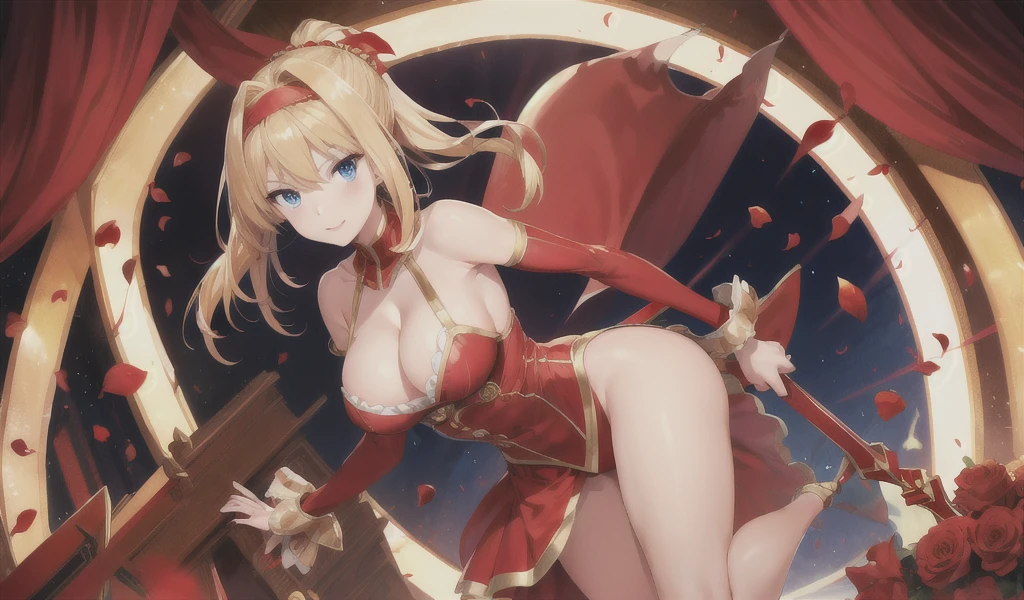 Beautiful blonde with tied hair, blue eyes and big breasts，red headband，cleavage，golden armor，red dress，Bare Legs，Standing，red sword，red rose petals，flame