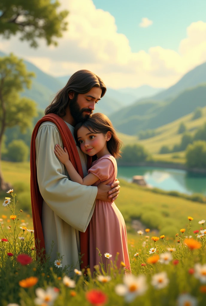 pixar character, girl hugging Jesus in a beautiful landscape