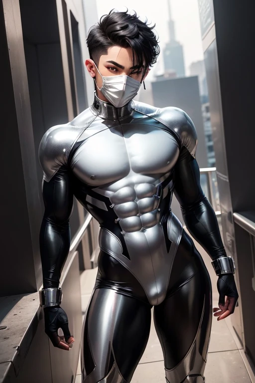 One young black haired twink boy in tight clothes, A revealing dark metallic silver DC-style bodysuit, Provocatively highlights long, muscular legs. He wears a mask that adds a sensual touch to his cool face., Full body figure standing in the cockpit of a spaceship, Groin bulge ,