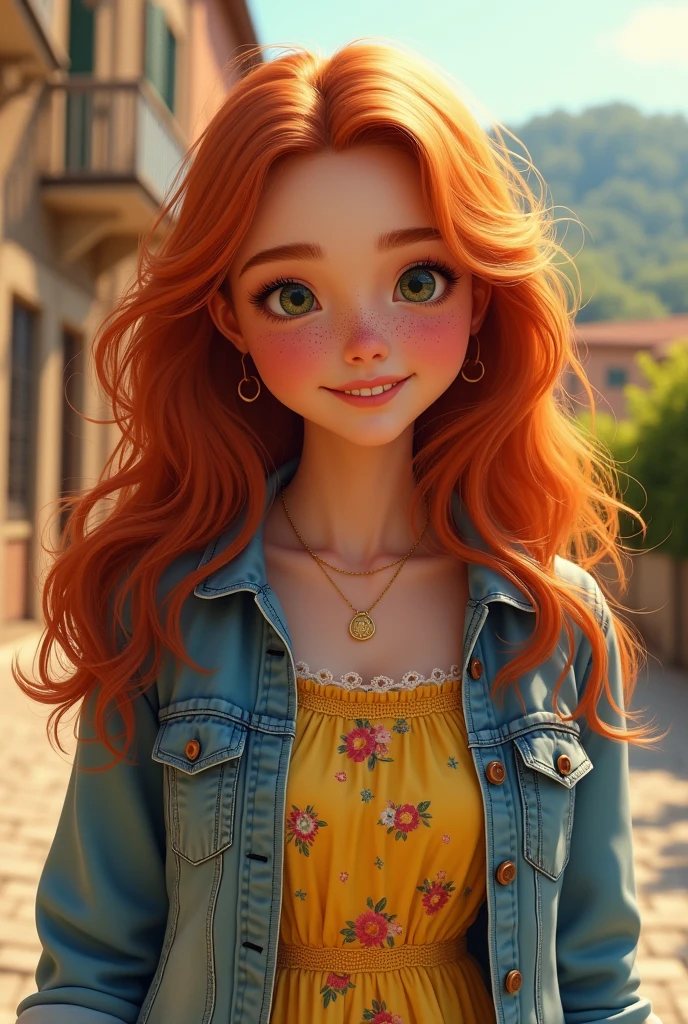 Girl with long wavy red hair, yellow dress with little flowers, jean jacket, Italian background, white sneakers, with freckles, thick lips, white teeth, with dimples in her cheeks, honey green eyes