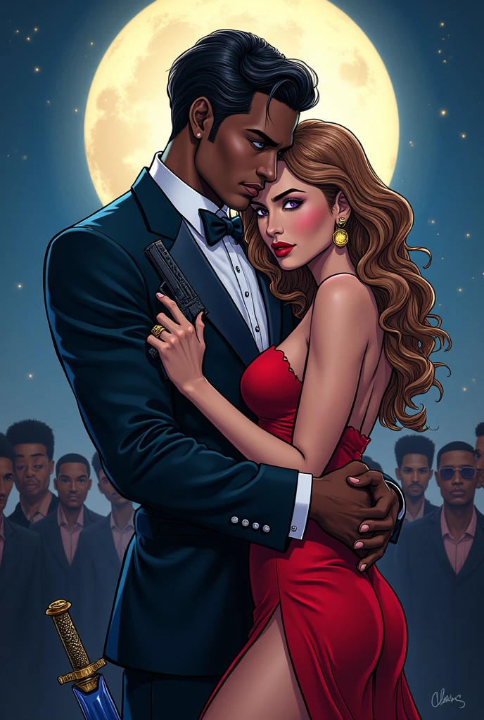 A really handsome Duke holding a woman from behind.
Man's description :African violet eyes.
Has a tended hair where the lower side is shaped. The upper hair is yellow and the lower is black.modern class ancient cote wearing.Has a tough smirk showing to the screen.Has a black -blue sword in his other hand.wearing a costly watch. And his dress is blue and black weaeing a tie also.He is kinda baddas type.He 's face is shaped and tend.And he is really handsome
Woman description :Eye colour scarlet.
Long stranded light brown hairs.
Has a gun in her hand.
Wearing lady half dress which is white and yellow colour.
She is trying to not touch him but to do.
She has also a smirk angry smile looking in the man's eyes.
Background description:A dark but lighted with moon half star.Show the background with beautiness,shine,dark and mystery also which is really important.
And there are black crowd watching them from behind,A those two is in a rival mood but in a romantic way which is really scary.
(Make it like manhwa -extend quality pic Which will be really beautiful. Make it really manhwa style cover page.)