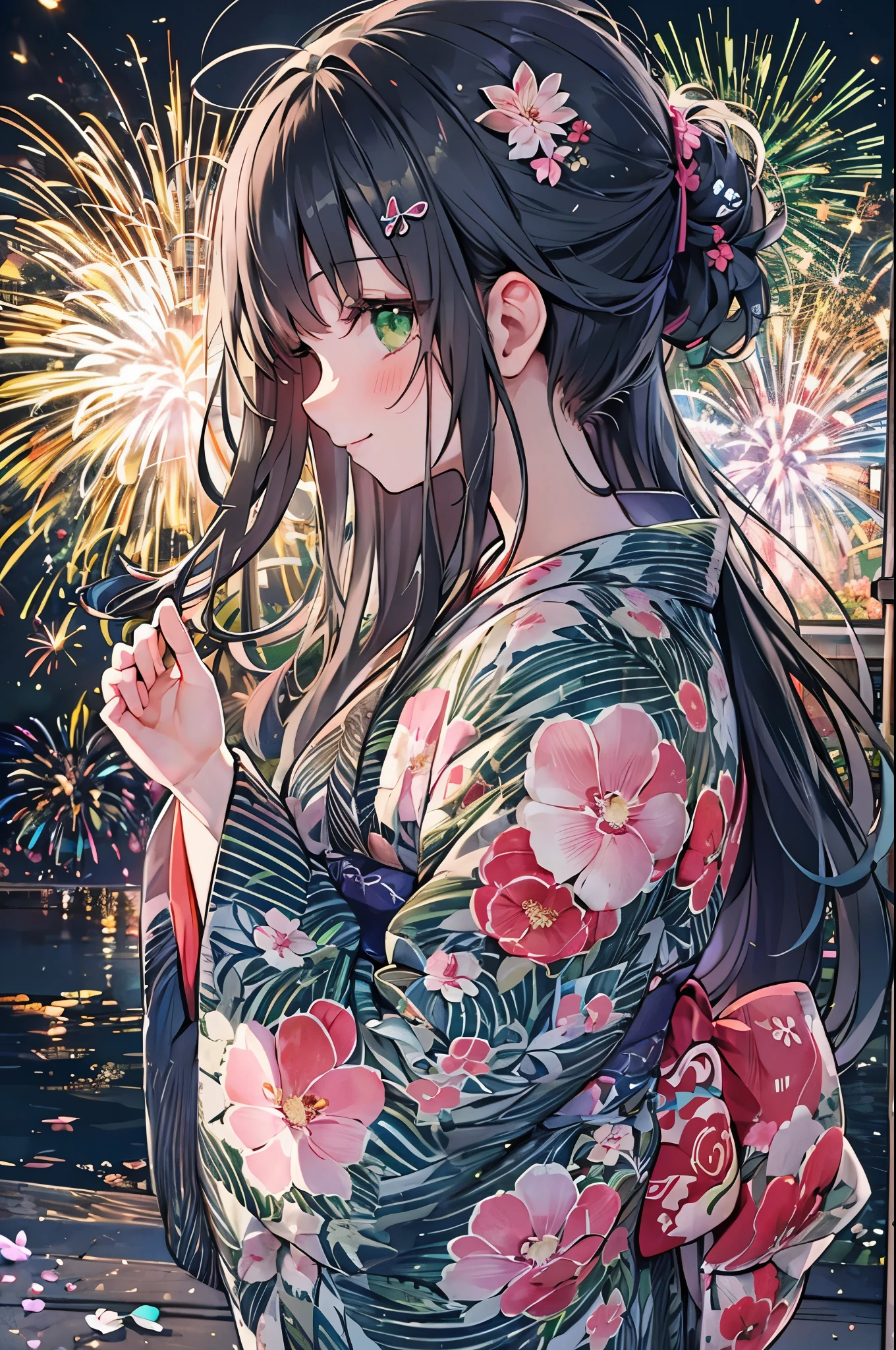 ((Highest quality, 8k, masterpiece: 1.3)), whole body,1 personの,1 person,,Glamorous Body,cute,smile,Black Hair,Beautiful emerald green eyes,long hair,Back view,((Watch the fireworks)),((yukata,Bright pink sheer fabric,Morning glory pattern)),summer night,Fireworks are going off,