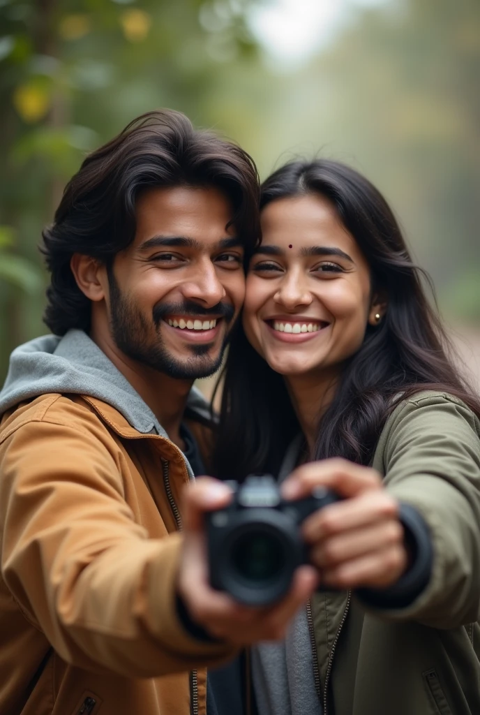 "A 2 Indian couple is sitting together. The boy has medium long hair and is wearing a jacket, while the girl is wearing a shirt. The girl is taking a selfie of the two of them. They are not smiling, capturing a happy moment. The background is soft and slightly blurred, drawing focus to the couple's joyful expressions."