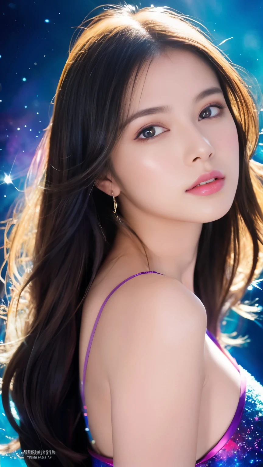 4K Ultra HD, masterpiece, A girl with a magical aura, Nice face, Long Hair, Shiny Hair, Detailed eyes, Glossy Lips, Blue Tata Costume, Aura around the body, Magical Effects, Spreading white light, Cosmic elements and ethereal atmosphere, A mix of bright lights and colorful nebulae, Space Background, Perfect body,