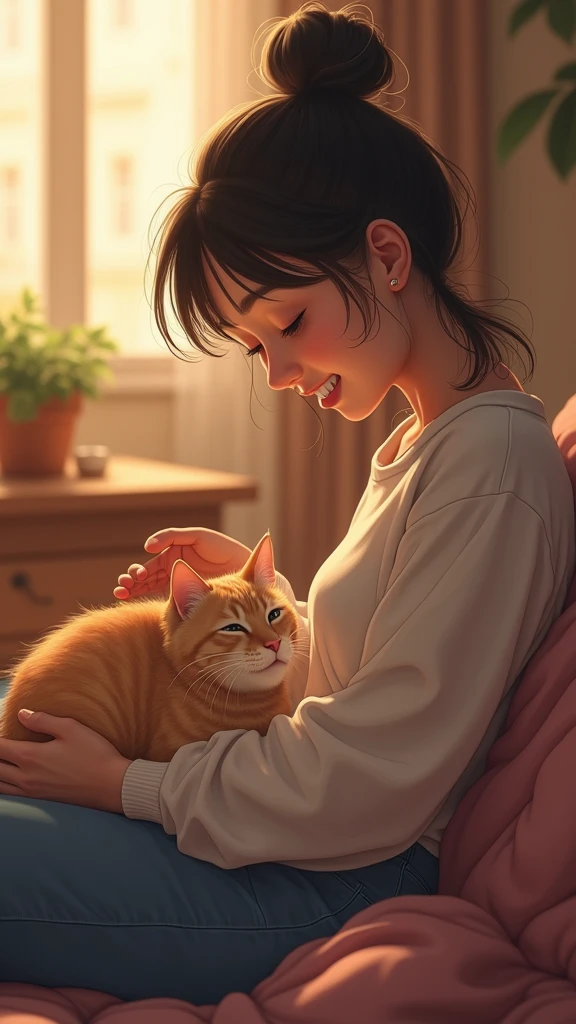 A scene where the owner gently pets the cat’s head. The cat is squinting its eyes in contentment. The owner has the cat on their lap, smiling and talking softly to it. The background is a warmly lit living room, illustrating the calm and relaxed atmosphere as they spend time together.