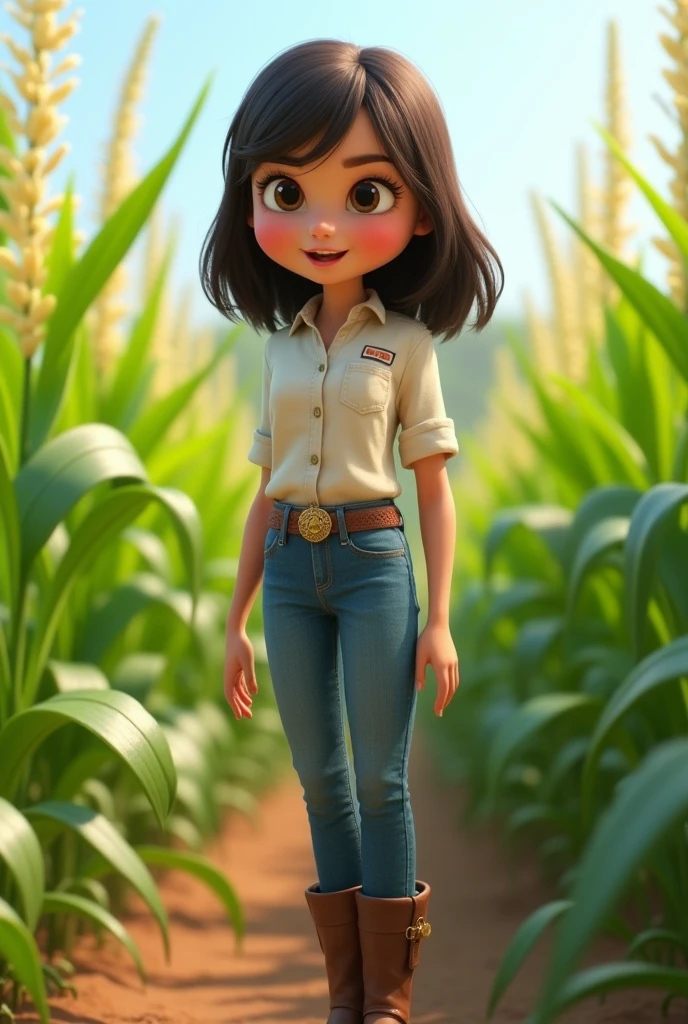 3d animation pixar style, 20 year old girl, agronomist, skinny, with white skin, with bangs in her hair on her forehead, with medium-length dark brown hair, wearing jeans with a buckle belt, wearing ankle boots, in the middle of a sorghum plantation