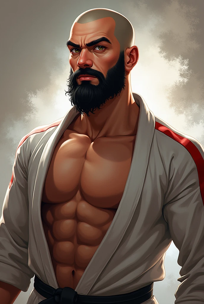 drawning, naughty man, eyeballs: small, honey color and big eyelashes. well-designed and black eyebrows. well-designed and black beard, but a short beard. athletic body with a jiujutsu kimono, very thin hair, almost bald and black, Caucasian skin
