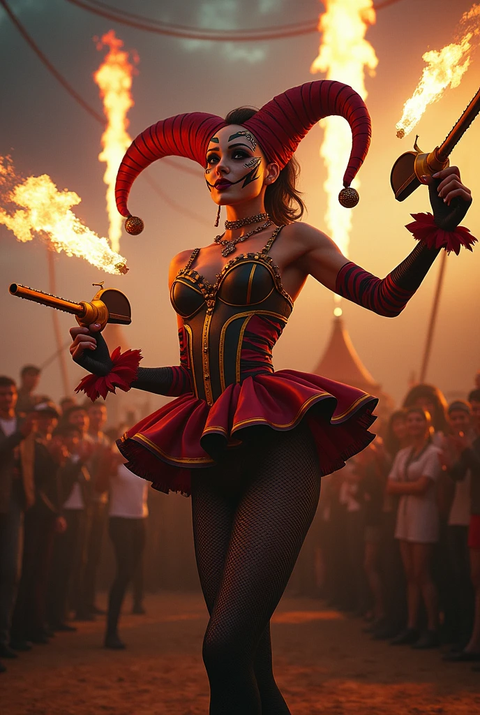 A SEXY FEMALE JESTER AT THE CIRCUS JUGGLING CHAIN SAWS WHILE BREATHING FIRE OUT OF HER MOUTH.
