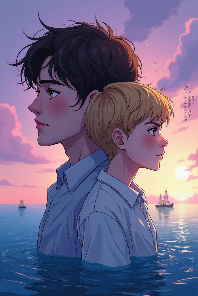 Draw the cover of a fantasy time travel novel，An overlapping picture of a middle-aged man with brown hair and a boy with blond hair.，Brown-haired middle-aged man is a grown-up blond boy，The purple sky above gradually fades to the deep blue sea below as the background of the picture.，Because the blond boy grew up to be a novelist，So I hope that some elements of writing can be interspersed，Make the painting more tragic，Using the style of Korean comics。
