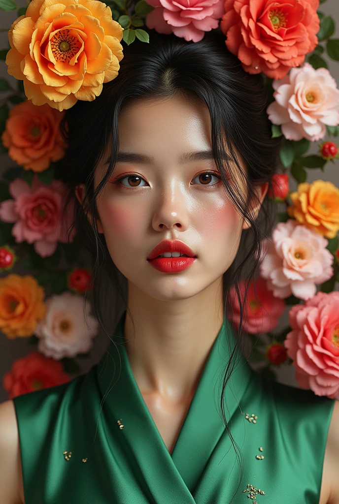 Woman's face - A beautiful woman's face is in the center of the image.Gorgeous Flowers - A variety of colorful flowers are arranged around the woman.Green Dress - The woman wears a green silk-like dress.Makeup - The woman's makeup is thick and her red lips are striking.Water droplets - The woman's skin is covered with water droplets, giving the impression of dampness.Overall ambiance - The woman's figure surrounded by flowers gives the impression of opulence and splendor.Color - The overall color palette is vibrant, and the hues of the flowers and the green of the dress blend well together