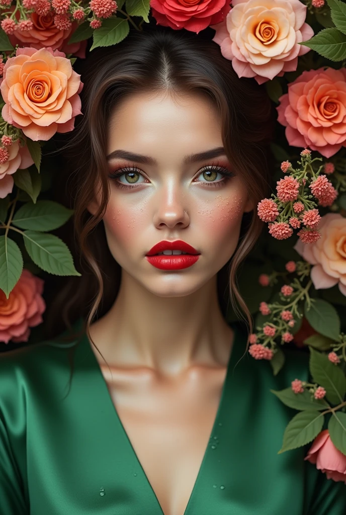 Woman's face - A beautiful woman's face is in the center of the image.Gorgeous Flowers - A variety of colorful flowers are arranged around the woman.Green Dress - The woman wears a green silk-like dress.Makeup - The woman's makeup is thick and her red lips are striking.Water droplets - The woman's skin is covered with water droplets, giving the impression of dampness.Overall ambiance - The woman's figure surrounded by flowers gives the impression of opulence and splendor.Color - The overall color palette is vibrant, and the hues of the flowers and the green of the dress blend well together