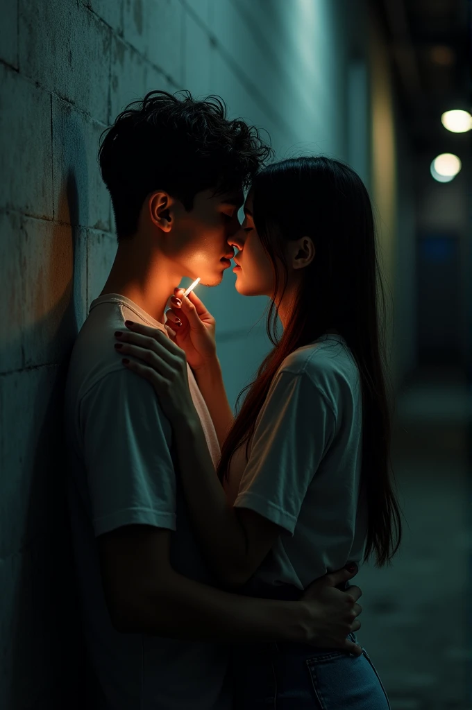 A boy is standing to the wall in the midnight in low light holding a girl from the back. The girl is resting over the boy by plasing her back body to the boys chest. The girl is holding a cigeratte in her hand and helping the boy to smoke by bending her hand backside and the boy is puffing the cigeratte from in the girls hand. Make the image as the camera is infront of the boy and girl
