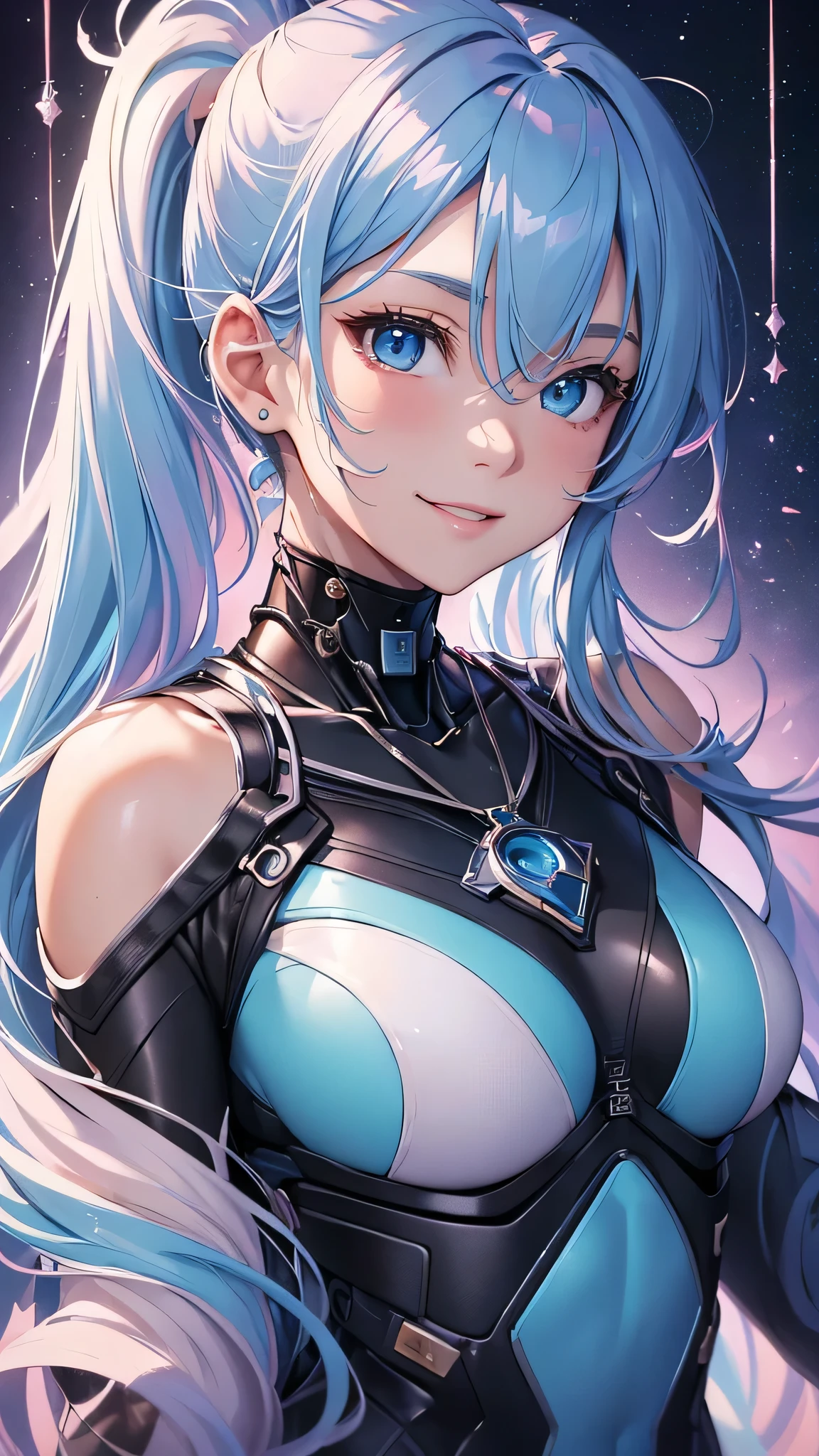 最high quality、Best image quality、masterpiece、and((cute、1、Best Bust、Medium Bust、Beautiful Blue Eyes、Spread your chest wide,Pastel colored hair、ponytail、Disheveled Hair、thin、Highest valley、Cyber Suit、smile、necklace、Show the whole body))high quality、Beautiful art、background((Virtual Space)),Tabletop、Exquisite design、Visual Arts、Written boundary depth、Best lighting、Highest detail、8k
