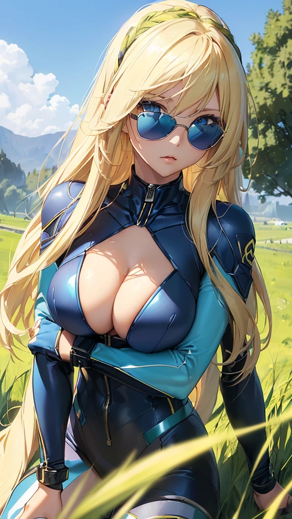 最high quality、Best image quality、masterpiece、woman((1、Cyber Suit、Best Bust、Bust 85、Blonde、Long Hair、blue eyes、Open your chest wide、valley、Happy Sports Sunglasses)）high quality、Visual Arts、background((grassland、Grass path))、Tabletop、