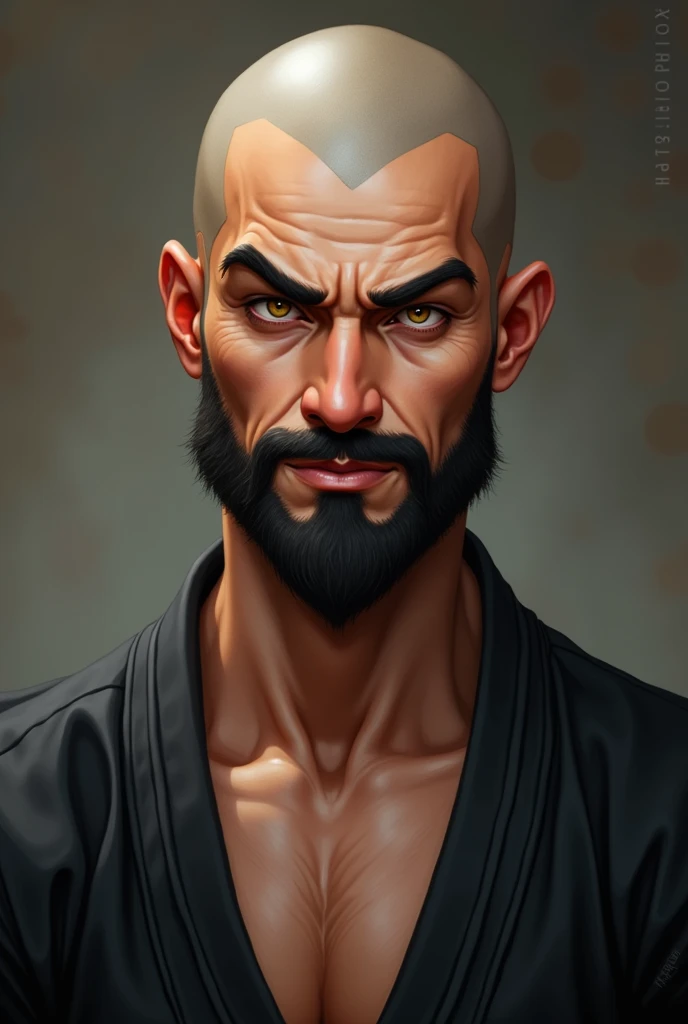 drawning, naughty man, eyeballs: small, honey color and big eyelashes. well-designed and black eyebrows. well-designed and black beard, but a short beard and thin mustache. athletic body with a jiujutsu kimono, very thin hair, almost bald and black, Caucasian skin