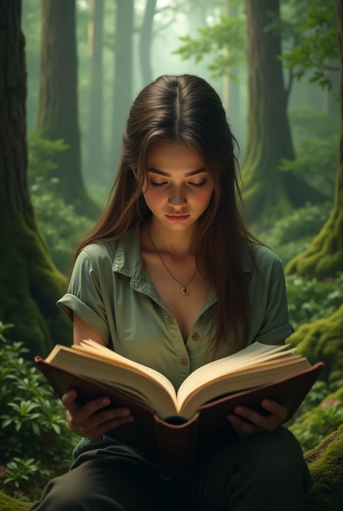 In forest 
holding a novel on her hand realistic image closup view of book