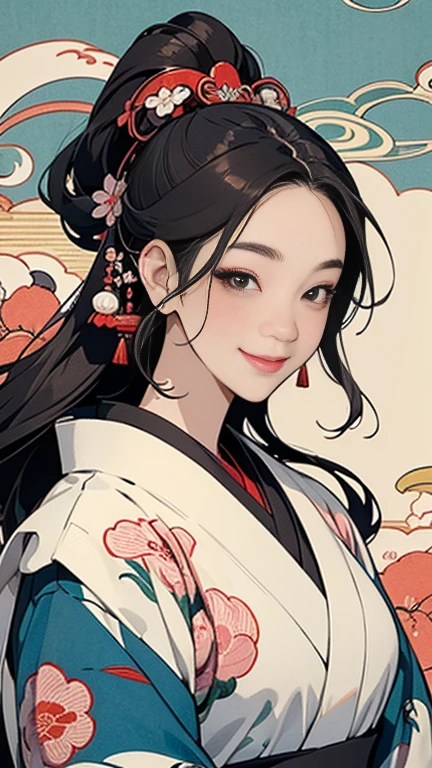 A beautiful woman smiles and shows her upper white teeth、Vividly colored Japanese Ukiyo-e style illustrations、(SeaArt creates stunning illustrations of beautiful women in kimono)、Brown-black long hair、Beautiful full body style、Let&#39;s dance a little Tokyo Ondo Yoiyoi、Beautiful digital painting,、Bright vibrant digital anime art、 Detailed digital anime art、 Beautiful anime portraits、background、Torii gate of a shrine in Kyoto, Japan、Detailed CG、