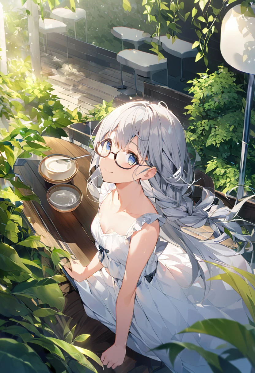 High-quality illustrations、Draw the whole body、Glasses、Curly Long Hair、Loose braided hair、20代の少しBaby Faceな可愛い。Small breasts、Cute clothes、The location is an outdoor cafe surrounded by greenery.。smile、Draw women slightly larger、Beautiful breasts、Baby Face、skirt、A little sheer underwear、Silver Hair、Grey Hair、Slim body、Watery eyes、Looking this way, he is happy.、I&#39;m not wearing anything on my head、Ahoge、丸くBeautiful breasts、smile、Cleavage、Messy Hair、Plump thighs、Absolute area、Highest quality, Very detailed, Attention to detail, masterpiece:1.2,