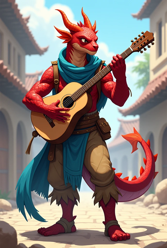 anthropomorphic, Dragon head, red dragonborn, open air, bard wearing a garment that covers the entire body, illustrative art anime style, open plan, red scales, red skinned , Long Blue Scarf, greeneyes, fabric backpack on back, Adventurer pants, adventurer shirt, playing the lute , 1 tail, 8k, best resolution, expressive face, best quality,((anatomia perfeita, olhos detalhados, Pernas detalhadas, braços detalhados, Corpo detalhado, rosto detalhado)).