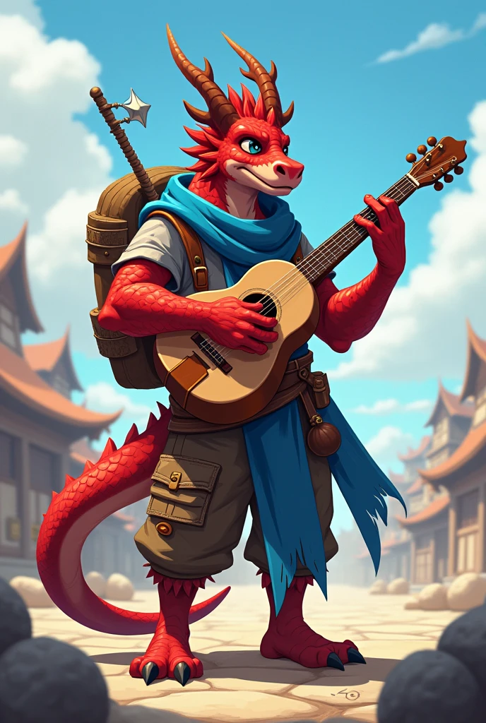 anthropomorphic, Dragon head, red dragonborn, open air, bard wearing a garment that covers the entire body, illustrative art anime style, open plan, red scales, red skinned , Long Blue Scarf, greeneyes, fabric backpack on back, Adventurer pants, adventurer shirt, playing the lute , 1 tail, 8k, best resolution, expressive face, best quality,((anatomia perfeita, olhos detalhados, Pernas detalhadas, braços detalhados, Corpo detalhado, rosto detalhado)).