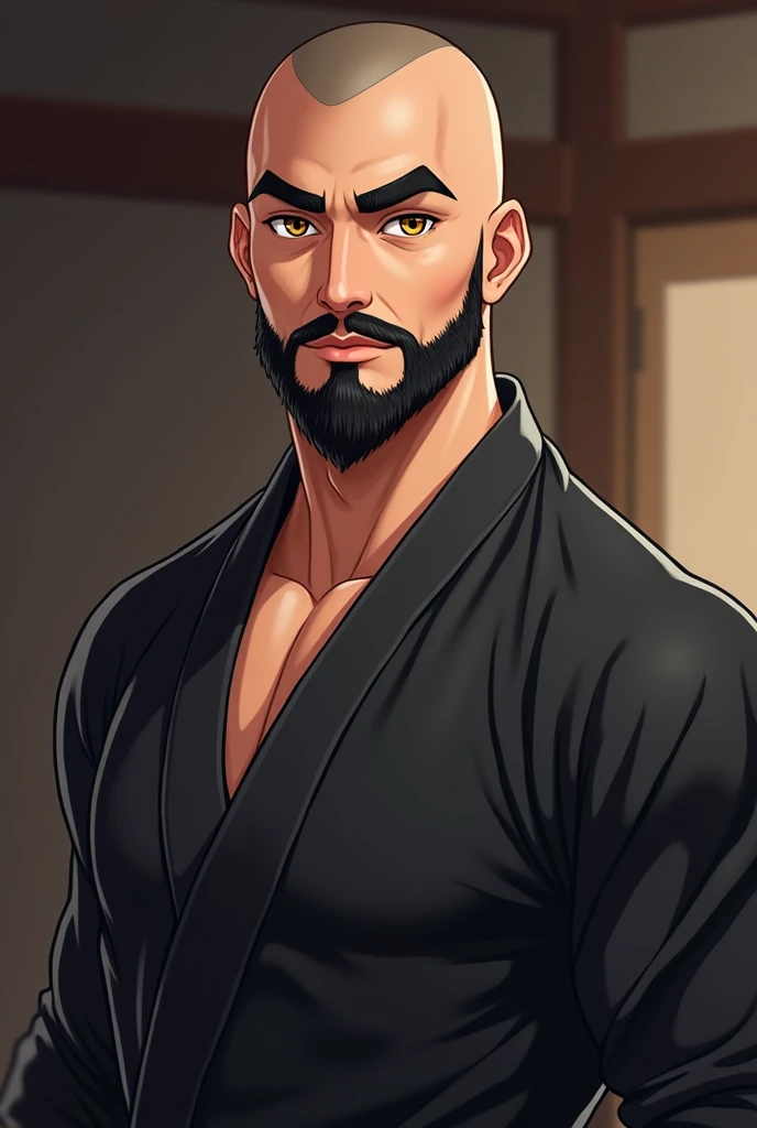     drawning, naughty man, eyeballs: small, honey color and big eyelashes. well-designed and black eyebrows. well-designed and black beard, but a short beard and thin mustache. athletic body with a jiujutsu kimono, very thin hair, almost bald and black, Caucasian skin                                                                                                                                                                                                                                                                                                                                                                                                                                                                                                                                                                                                                                                                                                                                                                                                                                                                                                                                                                                                                              