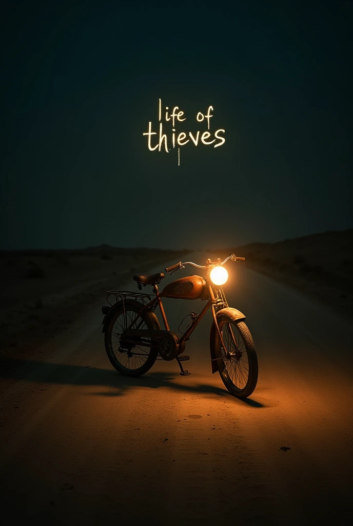 Moonlit night, dark all around, brown sand way,On Brown sand way an old rusty 1970's indian bicycle. The bulb of the bicycle lights up. The only light there was the light from the bicycle bulb. "LIFE OF THIEVES" is written in that light. "SUDHEESH RAMACHANDRAN -JAY KAY" in the center of the poster. "ANNOUNCEMENT COMING SOON" at the very bottom of the poster.
