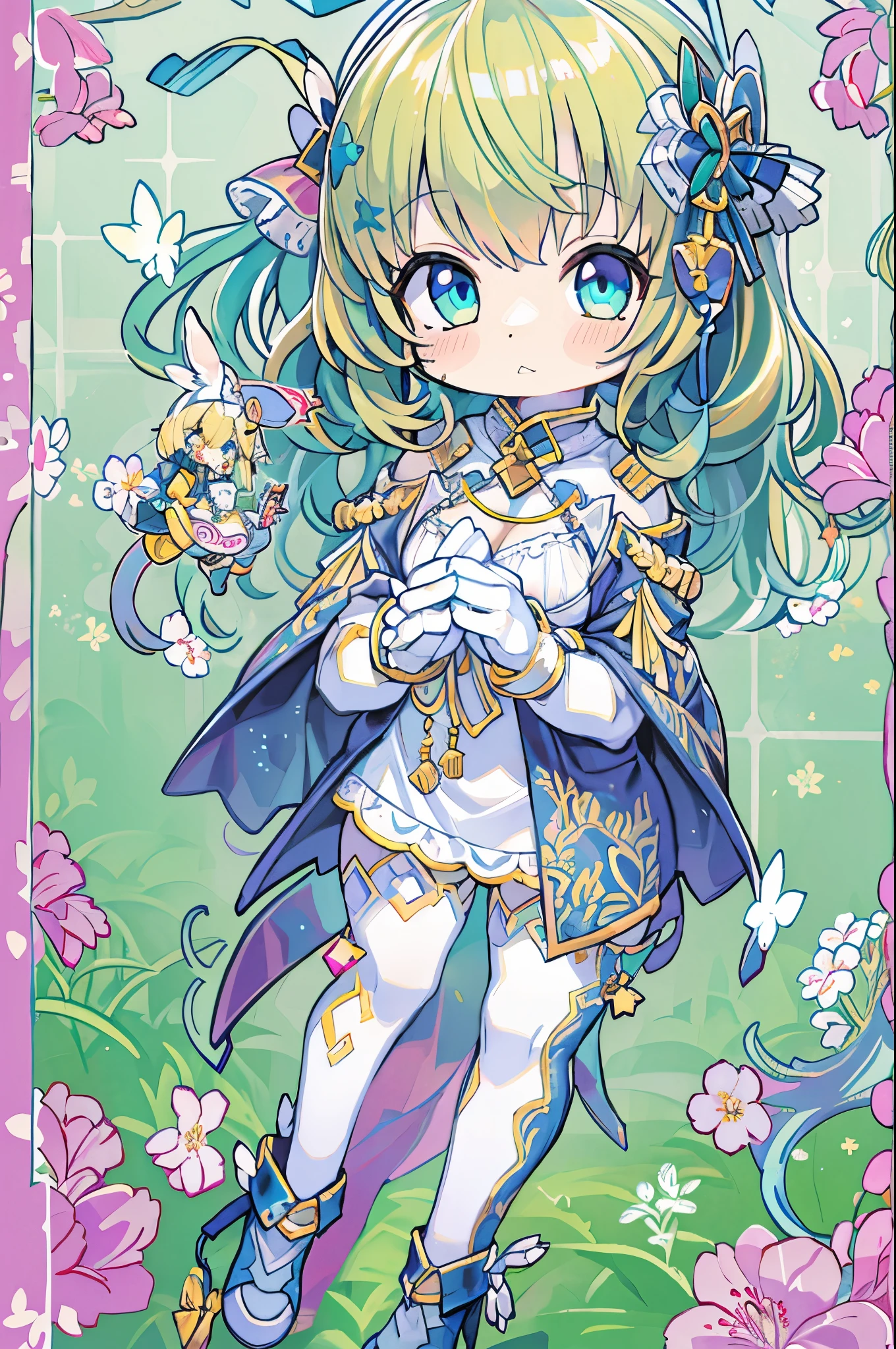(artwork), (great work), (indirect lighting), (Chibi Cute Studio), (GIFcuteアニメ), (cute cute), (Highly detailed CG 8k unit wallpaper), (One person) cuteドレスを着て, cuteフリルのティアラが付いた長い青い髪, Wearing silk gloves, White skin, Green and blue eyes, (cute)