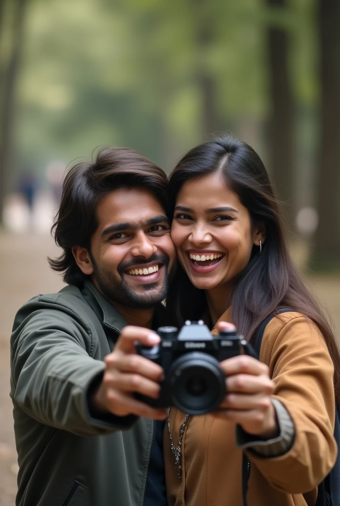 "A 2 Indian couple is sitting together. The boy has medium long hair and is wearing a jacket, while the girl is wearing a shirt. The girl is taking a selfie of the two of them. They are not smiling, capturing a happy moment. The background is soft and slightly blurred, drawing focus to the couple's joyful expressions."