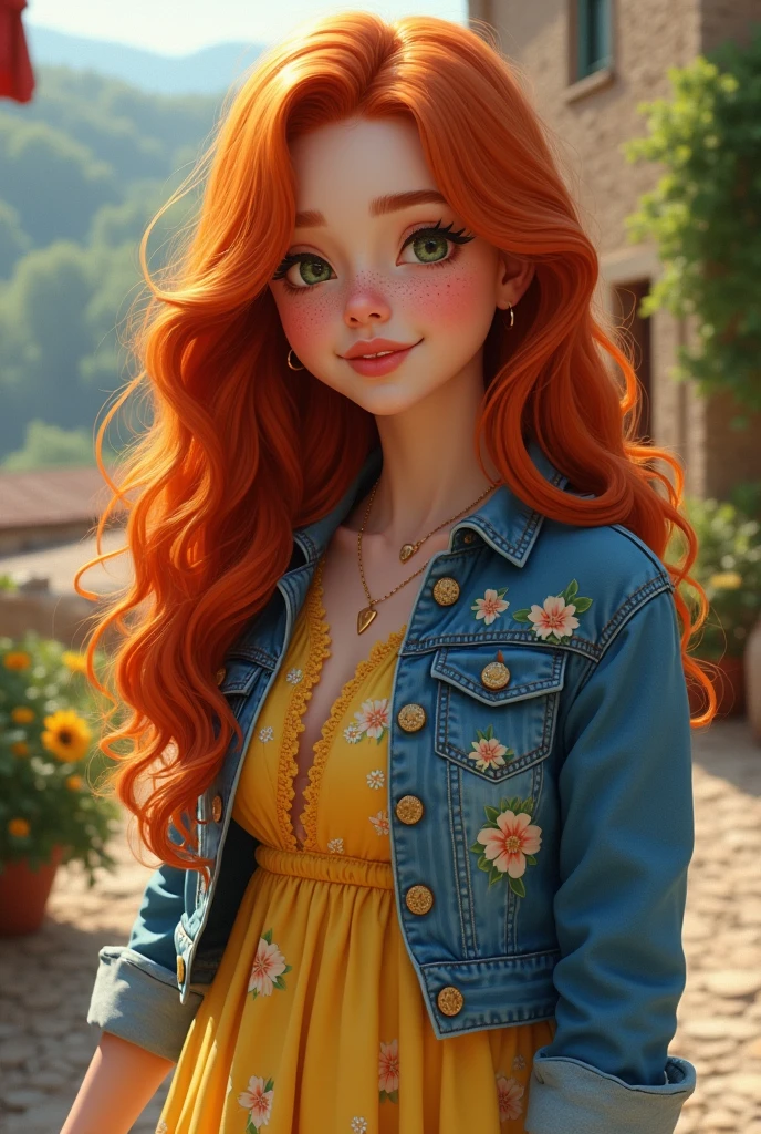 Girl with red hair long wavy , yellow dress with little flowers, jean jacket, Italian background, white sneakers, with freckles, thick lips, with dimples in her cheeks, honey green eyes