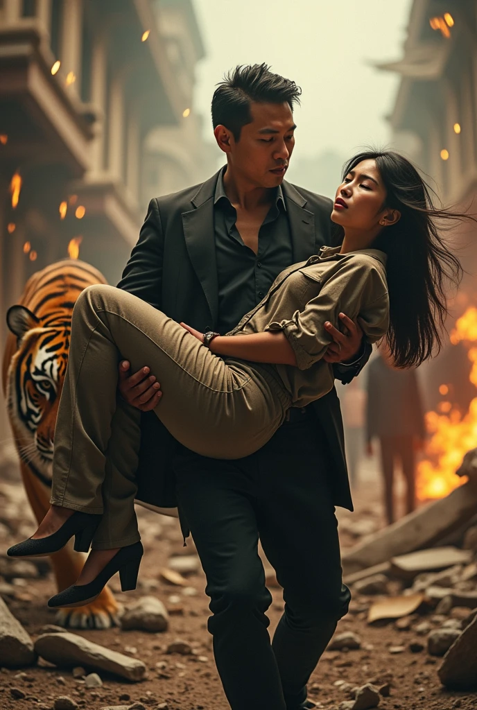 poster film action,portrait of an 1 asian man wearing a mafia costume carrying a young indonesian woman in pain injured in a destroyed building with sparks,people are at war,beside it there is a tiger,behind him there is a team,api,real palace,face in front of the camera