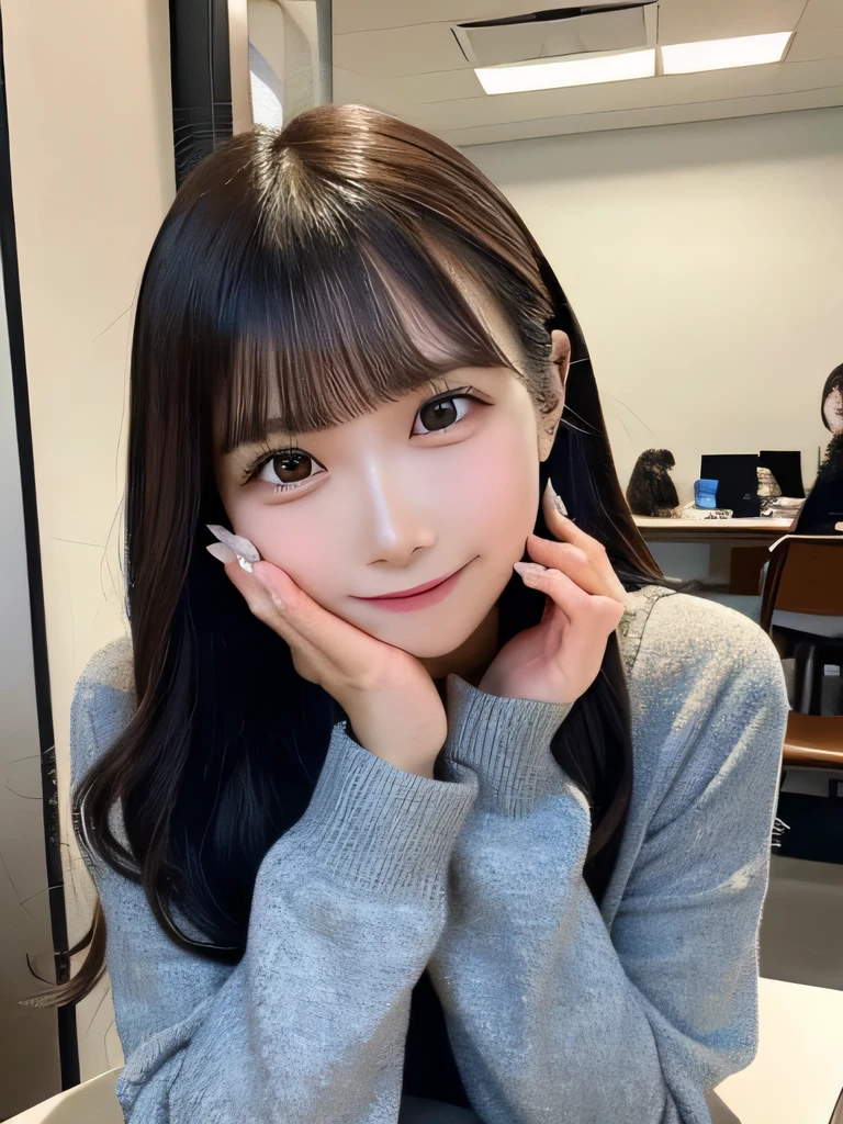 masterpiece, Highest quality, High resolution,alone, Accurate human body、Knowledgeable person、Correct five-finger,Portrait of a high school girl,A mischievous smile,there is a woman Sitting at a desk with her Hand on chin, Japanese ,  Portrait of a Japanese girl, Elegant Japan Woman, Hand on chin, Attractive pose, Thinking pose, Young Asian Woman, Young Japanese, Sitting at a desk, Sitting at a desk, Sitting at the table