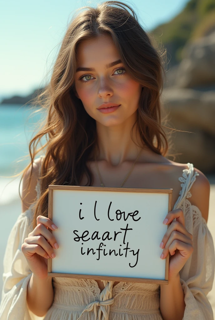Beautiful girl with wavy long hair, bohemian dress, holding a white board with text "I Love Seaart Infinity" and showing it to the viewer