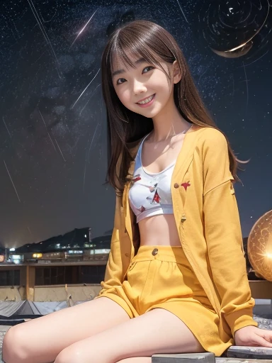 Japanese female, (underweight), (flat chest best quality:1.5), 30 years old, (cheerful grin:1.3),
Rooftop, (multiple girls:1.4), delightful, sitting on the floor, semi long, (cream cardigan), (yellow shorts), (red t-shirt), Japanese, (surrounded by stars and a meteor shower:1.4), (at midnight:1.2), low angle shot, darkness