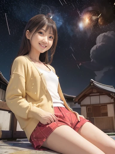 Japanese female, (underweight), (flat chest best quality:1.5), 30 years old, (cheerful grin:1.3),
Rooftop, (multiple girls:1.4), delightful, sitting on the floor, semi long, (cream cardigan), (yellow shorts), (red t-shirt), Japanese, (surrounded by stars and a meteor shower:1.4), (at midnight:1.2), low angle shot, darkness
