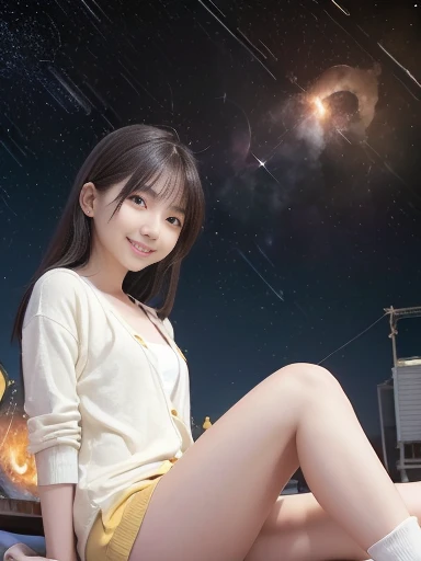 Japanese female, (underweight), (flat chest best quality:1.5), 30 years old, (cheerful grin:1.3),
Rooftop, (multiple girls:1.4), delightful, sitting on the floor, semi long, (cream cardigan), (yellow shorts), (red t-shirt), Japanese, (surrounded by stars and a meteor shower:1.4), (at midnight:1.2), low angle shot, darkness