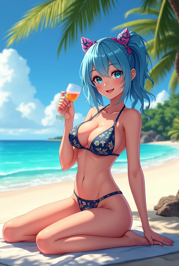 Generate an image of nimu the famous vtuber on the beach in a bikini
