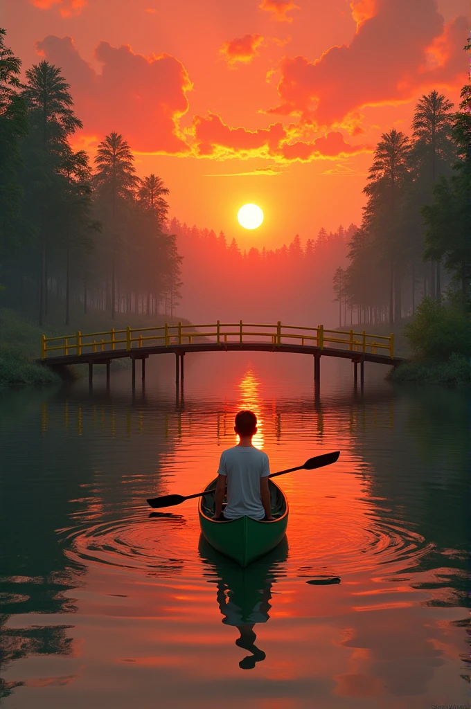 Create a lake that is red due to the sunset, with a yellow wooden access bridge and a green canoe attached to that bridge and a person in the canoe wearing a white t-shirt
