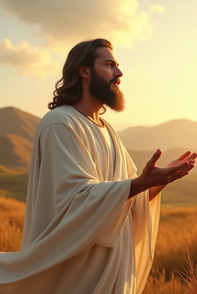 A serene scene of a bearded man resembling a classic depiction of Jesus Christ, standing in a field at sunrise or sunset. His body is slightly turned to the right, not fully facing the viewer but at a gentle angle, with his right side more visible. His arms are outstretched in a welcoming gesture, and his head is tilted slightly upward, with his gaze directed toward the sky. He has long, wavy brown hair and a well-groomed beard, with a calm and compassionate expression on his face. He is dressed in flowing white robes that drape gracefully over his body. The warm, golden light of the sun reflects off his right side, casting a gentle glow on his face and robes. The background consists of rolling hills and a vast sky with a mix of clouds and soft sunlight, enhancing the tranquil and divine ambiance of the image.