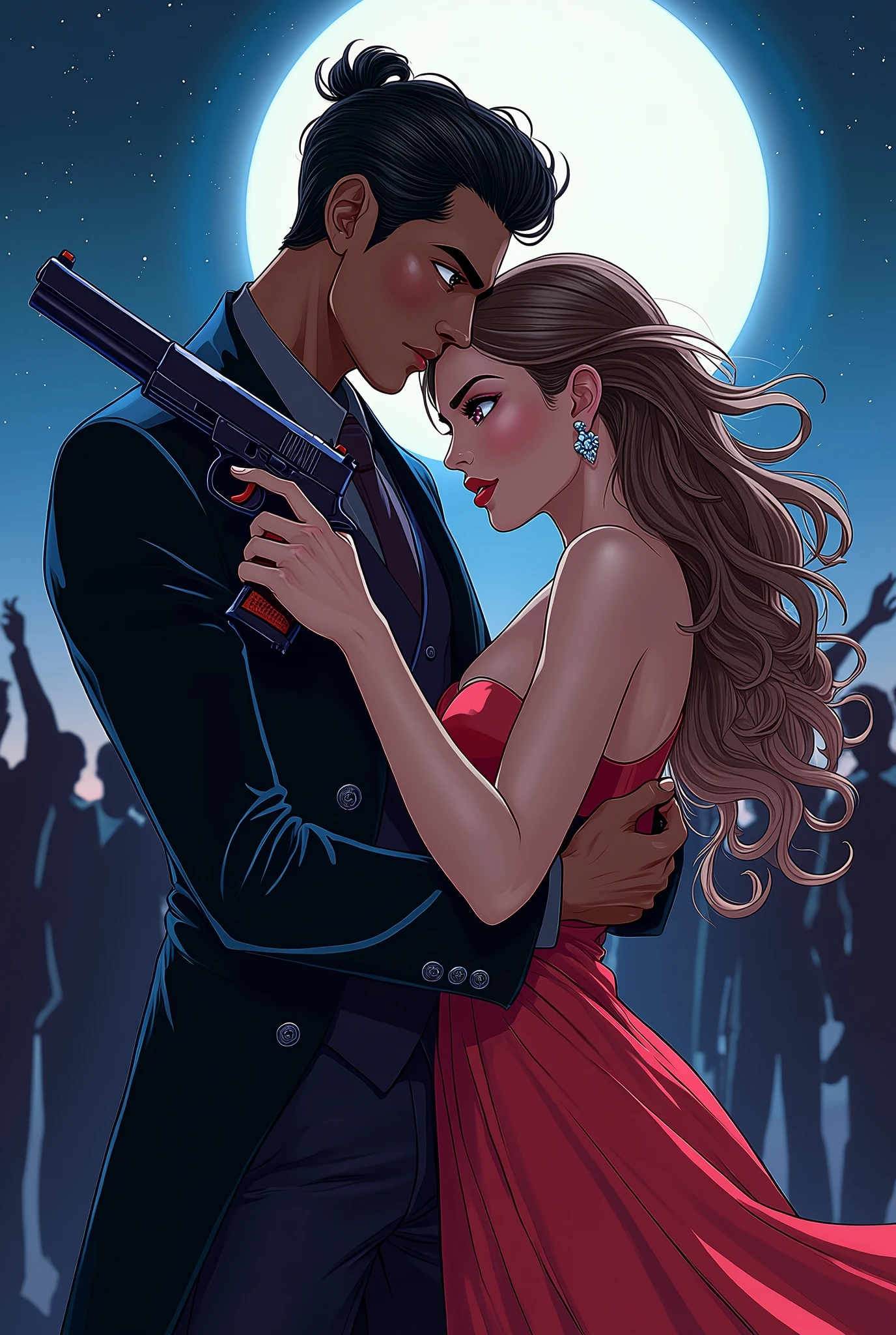 A really handsome Duke holding a woman from behind. 

Man's description :African violet eyes. 
Has a tended hair where the lower side is shaped. The upper hair is yellow and the lower is black.modern class ancient cote wearing.Has a tough smirk showing to the screen.Has a black -blue sword in his other hand.wearing a costly watch. And his dress is blue and black weaeing a tie also.He is kinda baddas type.He 's face is shaped and tend.And he is really handsome

Woman description :Eye colour scarlet.
Long stranded light brown hairs. 
Has a gun in her hand.
Wearing lady half dress which is white and yellow colour.
She is trying to not touch him but to do.
She has also a smirk angry smile looking in the man's eyes.

Background description:A dark but lighted with moon half star.Show the background with beautiness,shine,dark and mystery also which is really important.
And there are black crowd watching them from behind,A those two is in a rival mood but in a romantic way which is really scary. 

(Make it like manhwa -extend quality pic Which will be really beautiful. Make it really manhwa style cover page.)
