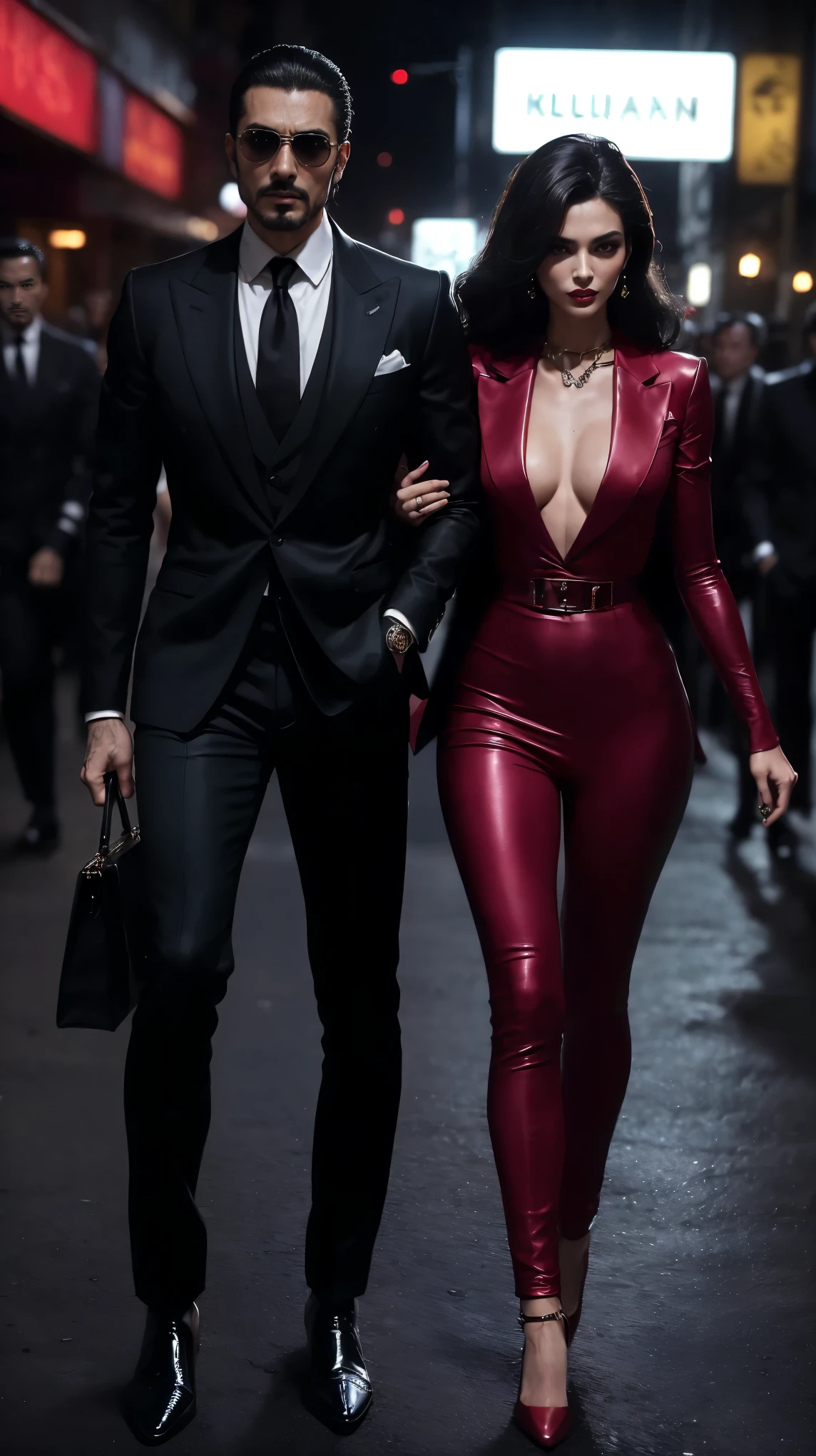 (1980s era:1.2), Triad gang leader, His mistress, Walking together, Gang meeting, Muscular leader, Well-dressed couple, (Tailored Italian suit for him:1.4), (Luxury designer clothing for her:1.5), (Hong Kong underworld:1.3), (Dangerous allure:1.2), (Commanding presence:1.1), (Enticing dynamic:1.2), (Charismatic duo:1.3), (Alluring chemistry:1.4), Confident, (Radiating authority:1.2), (Seductive smile on her:1.3), Dominating, Intriguing, Menacing, (Sultry appearance:1.4), Controlling, (Alluring silhouettes:1.2), (Dominant postures:1.3), (Attractive figures:1.4), (80s charm:1.1), (Dangerous fashion:1.2), Elegance, Strength, (High-fashion statement:1.1), (Model poses:1.2), Chic, Sophistication, (Fashion icons:1.1), (Timeless style:1.2), (Elegant attire:1.3), Iconic, Power, Vogue, Nostalgic, (Retro style:1.4), (Classic elegance:1.1), (Fashion-forward:1.2), Trendsetters, (Effortless style:1.4), (Timeless allure:1.1), (Chic elegance:1.2), Glamorous, Luxury