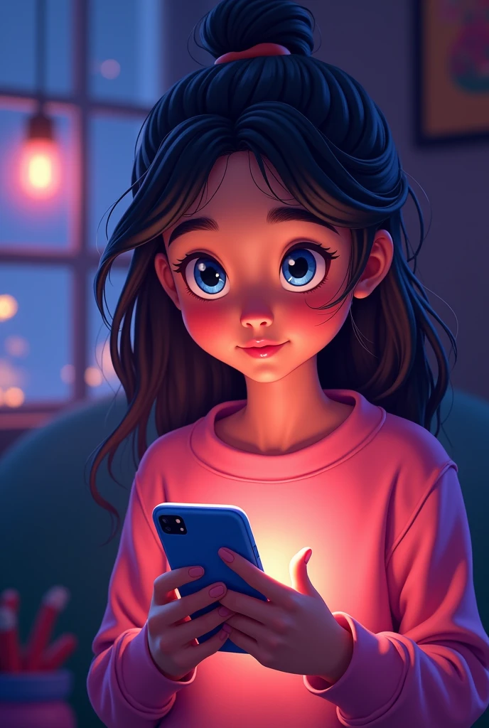 animated teenage girl using her phone with screen light