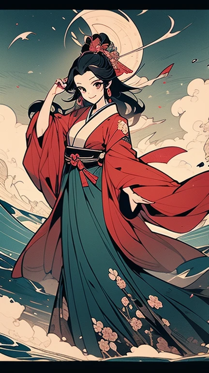 A beautiful woman smiles and shows her upper white teeth、Vividly colored Japanese Ukiyo-e style illustrations、(SeaArt creates stunning illustrations of beautiful women in kimono)、Brown-black long hair、Beautiful full body style、Let's dance a little Tokyo Ondo Yoiyoi、Beautiful digital painting,、Bright vibrant digital anime art、 Detailed digital anime art、 Beautiful anime portraits、background、Torii gate of a shrine in Kyoto, Japan、Detailed CG、
