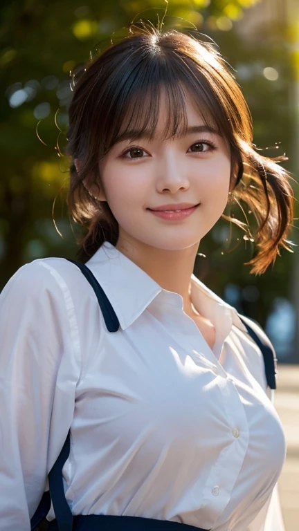 (Highest quality,masterpiece:1.3,Ultra-high resolution),(Very detailed,Caustics,8k),(Realistic:1.4,RAW shooting),1 person,(Smiling and looking down at the camera),(Front shot:1.1),(Look forward),1,cute,Japanese,Black short ponytail,school uniform,glamorous,(Big Breasts),( close),(breast focus),street,sunlight,Natural light,(Backlight),(A bright light shines from behind),(Lens flare),Professional Writing,(Cowboy Shot),(Low position:1.3),(Low Angle:1.3)whole body