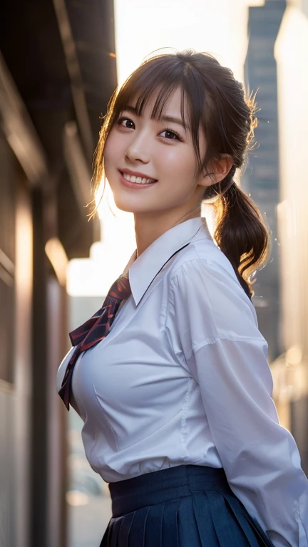 (Highest quality,masterpiece:1.3,Ultra-high resolution),(Very detailed,Caustics,8k),(Realistic:1.4,RAW shooting),1 person,(Smiling and looking down at the camera),(Front shot:1.1),(Look forward),1,cute,Japanese,Black short ponytail,school uniform,glamorous,(Big Breasts),( close),(breast focus),street,sunlight,Natural light,(Backlight),(A bright light shines from behind),(Lens flare),Professional Writing,(Cowboy Shot),(Low position:1.3),(Low Angle:1.3)whole body