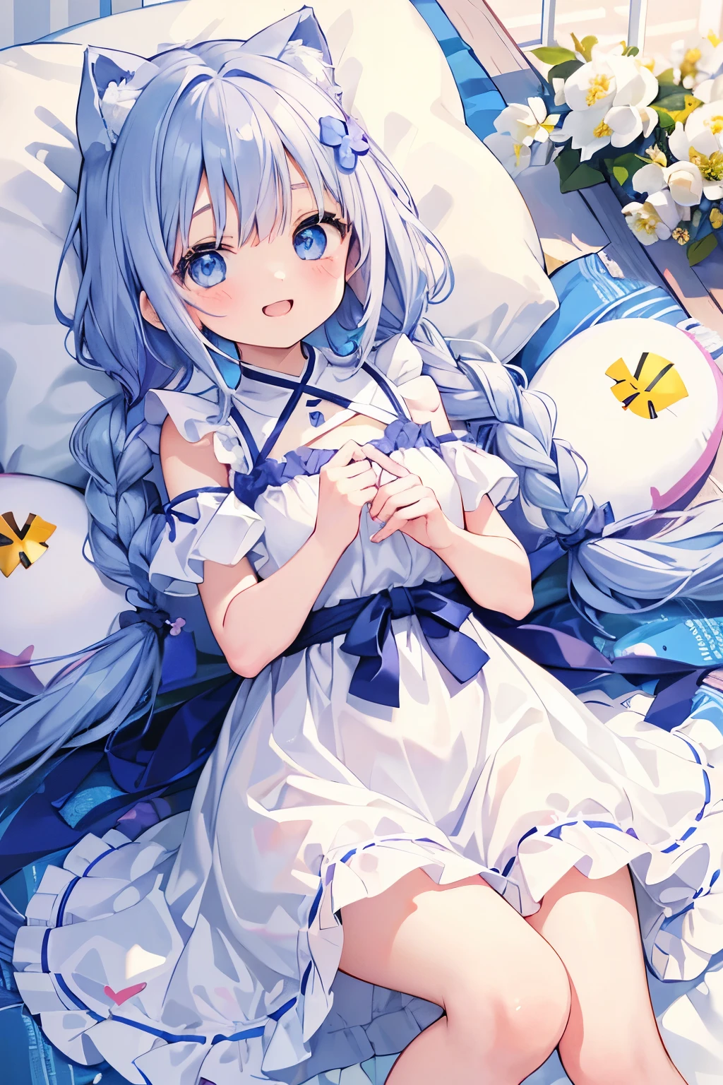 anime、pastel、Cute Asian ???、Small child、、Very short、Baby Face、Laughing with your mouth open、Happy smile、Showing teeth、Double teeth、Indigo and white hair color、Braided Short、Flower Hair Ornaments、Small animal ears、drooping ears、Fluffy animal tails、azure blue eyes、Odd Eye、Cute eyes、Wide open eyes、Light in your eyes、Cheeky cheeks、Pure white dress、Floral Skirt、Skirts with ruffles、Put your arm out、Put your feet up、Plump thighs、Cute Girlfriend、happy、really like、Frolic innocently、Pear-shaped、Lie down、barefoot、Flower Field