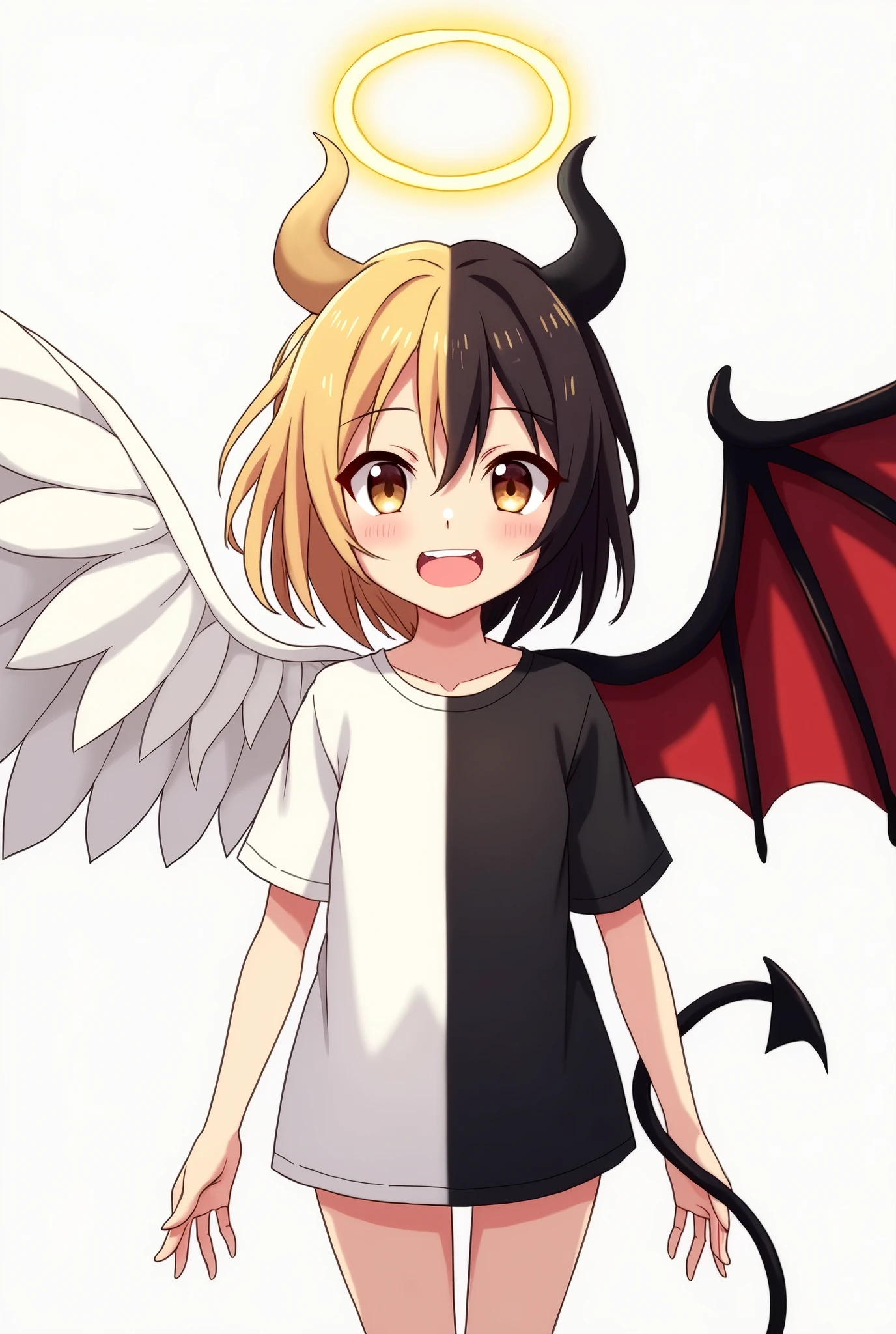 Create an anime style illustration of an angel and a devil split vertically in two. On the left is a cute angel girl.. Angel girl is wearing a white T-shirt. The angel girl has big white wings growing on her back.. Angel girl smiling. A golden halo is floating above the angel girl's head. On the right is a beautiful devil girl. The devil girl is wearing a black T-shirt. The devil girl has two horns on her head.. A devil girl has a black devil halo floating above her head. Devil girl has a devil tail. The devil has big black wings growing from his back.. The devil is cute and angry. Please make it look like the key visual of the anime.