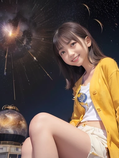 Japanese females, (underweight), (flat chest best quality:1.5), 30 years old, (cheerful grin:1.3),
Rooftop, (multiple girls:1.4), delightful, sitting on the floor, semi long, (cream cardigan), (yellow shorts), (red t-shirt), Japanese, (surrounded by stars and a meteor shower:1.4), (at midnight:1.2), low angle shot, darkness