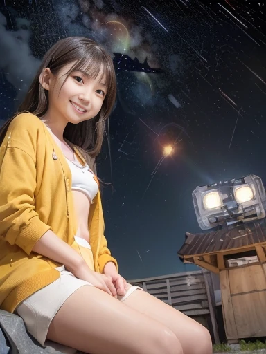 Japanese females, (underweight), (flat chest best quality:1.5), 30 years old, (cheerful grin:1.3),
Rooftop, (multiple girls:1.4), delightful, sitting on the floor, semi long, (cream cardigan), (yellow shorts), (red t-shirt), Japanese, (surrounded by stars and a meteor shower:1.4), (at midnight:1.2), low angle shot, darkness